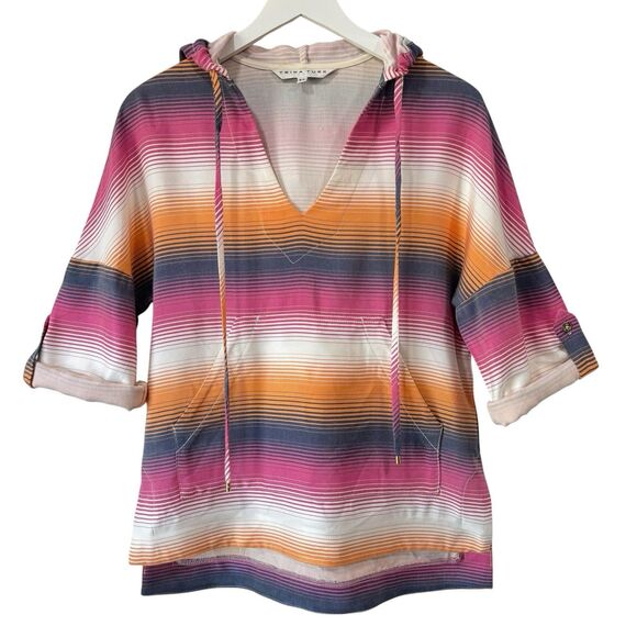 Trina Turk Striped Hoodie Top Kangaroo Pocket Roll Tab Beach Resort Oversized XS - Picture 1 of 14